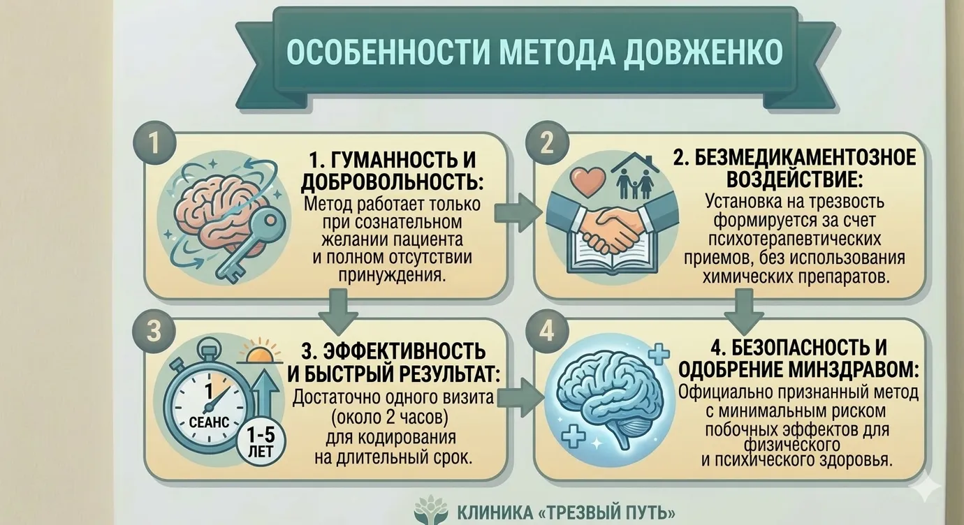 Инфографика «ОСОБЕННОСТИ МЕТОДА ДОВЖЕНКО». Представлены 4 симметричных блока: 1. Гуманность и добровольность (без принуждения); 2. Безмедикаментозное воздействие (психотерапия без химии); 3. Эффективность и быстрый результат (сеанс за 2 часа); 4. Безопасность и одобрение Минздравом. Все элементы центрированы, нижняя строка с названием клиники «Трезвый Путь» полностью сохранена.